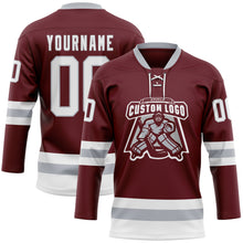 Load image into Gallery viewer, Custom Burgundy White-Gray Hockey Lace Neck Jersey