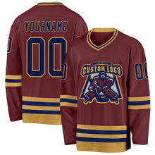 Load image into Gallery viewer, Custom Burgundy Navy-Old Gold Hockey Jersey