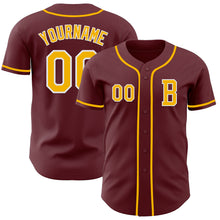 Load image into Gallery viewer, Custom Burgundy Gold-White Authentic Baseball Jersey