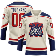Load image into Gallery viewer, Custom Cream Red-Navy Hockey Lace Neck Jersey