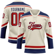 Load image into Gallery viewer, Custom Cream Red-Navy Hockey Lace Neck Jersey