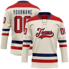 Load image into Gallery viewer, Custom Cream Red-Navy Hockey Lace Neck Jersey