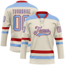 Load image into Gallery viewer, Custom Cream Light Blue-Red Hockey Lace Neck Jersey