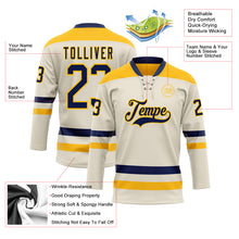 Load image into Gallery viewer, Custom Cream Navy-Gold Hockey Lace Neck Jersey