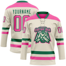 Load image into Gallery viewer, Custom Cream Pink-Kelly Green Hockey Lace Neck Jersey