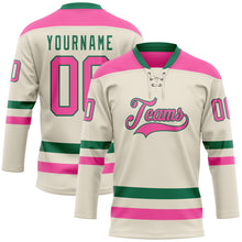 Load image into Gallery viewer, Custom Cream Pink-Kelly Green Hockey Lace Neck Jersey