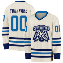 Load image into Gallery viewer, Custom Cream Blue-Navy Hockey Jersey