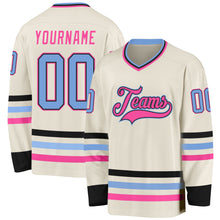 Load image into Gallery viewer, Custom Cream Light Blue Black-Pink Hockey Jersey