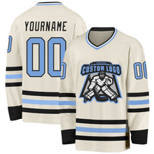 Load image into Gallery viewer, Custom Cream Light Blue Black-White Hockey Jersey