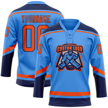 Load image into Gallery viewer, Custom Powder Blue Orange-Navy Hockey Lace Neck Jersey