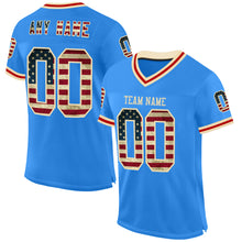 Load image into Gallery viewer, Custom Powder Blue Vintage USA Flag Cream-Red Mesh Authentic Throwback Football Jersey