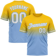 Load image into Gallery viewer, Custom Yellow White-Light Blue Fade Fashion Performance T-Shirt