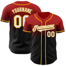 Load image into Gallery viewer, Custom Red Black-Gold Authentic Fade Fashion Baseball Jersey