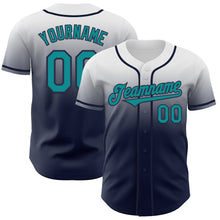 Load image into Gallery viewer, Custom White Teal-Navy Authentic Fade Fashion Baseball Jersey