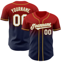 Load image into Gallery viewer, Custom Red Navy-Old Gold Authentic Fade Fashion Baseball Jersey