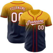Load image into Gallery viewer, Custom Gold Navy-Red Authentic Fade Fashion Baseball Jersey