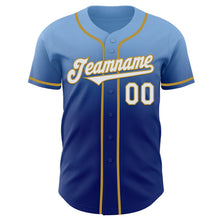 Load image into Gallery viewer, Custom Light Blue White Royal-Old Gold Authentic Fade Fashion Baseball Jersey