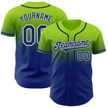 Load image into Gallery viewer, Custom Neon Green Royal-White Authentic Fade Fashion Baseball Jersey