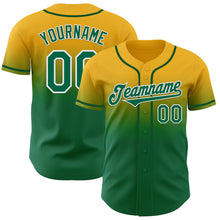 Load image into Gallery viewer, Custom Gold Kelly Green-White Authentic Fade Fashion Baseball Jersey