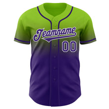 Load image into Gallery viewer, Custom Neon Green Purple-White Authentic Fade Fashion Baseball Jersey
