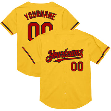 Custom Gold Red-Black Mesh Authentic Throwback Baseball Jersey