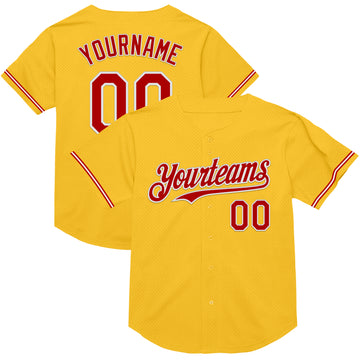 Custom Gold Red-White Mesh Authentic Throwback Baseball Jersey