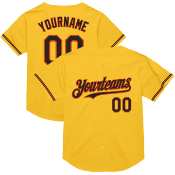 Custom Gold Black-Orange Mesh Authentic Throwback Baseball Jersey