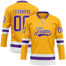 Load image into Gallery viewer, Custom Gold Purple-White Hockey Lace Neck Jersey