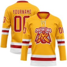 Load image into Gallery viewer, Custom Gold Red-White Hockey Lace Neck Jersey