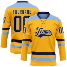 Load image into Gallery viewer, Custom Gold Navy-Light Blue Hockey Lace Neck Jersey
