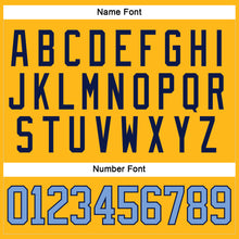 Load image into Gallery viewer, Custom Gold Light Blue-Navy Hockey Jersey