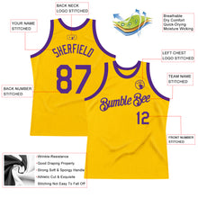 Load image into Gallery viewer, Custom Gold Purple Authentic Throwback Basketball Jersey