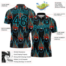 Load image into Gallery viewer, Custom Black Lakes Blue 3D Pattern Design Bowling Ball With Hotrod Flame Performance Polo Shirt