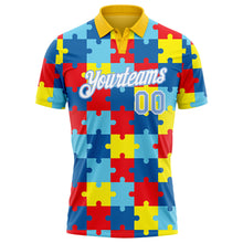 Load image into Gallery viewer, Custom Light Blue White 3D Pattern Design Autism Awareness Puzzle Pieces Performance Golf Polo Shirt