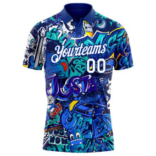 Load image into Gallery viewer, Custom Graffiti Pattern White-Royal 3D Performance Golf Polo Shirt