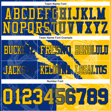 Load image into Gallery viewer, Custom Royal Yellow-Black Mesh Authentic Gradient Fashion Scratch Football Jersey