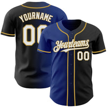 Load image into Gallery viewer, Custom Black White Royal-Old Gold Authentic Gradient Fashion Baseball Jersey