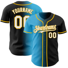 Load image into Gallery viewer, Custom Black White Sky Blue-Gold Authentic Gradient Fashion Baseball Jersey