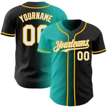 Load image into Gallery viewer, Custom Black White Aqua-Gold Authentic Gradient Fashion Baseball Jersey