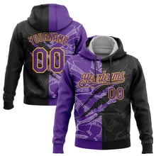 Load image into Gallery viewer, Custom Stitched Graffiti Pattern Black Purple-Gold 3D Scratch Sports Pullover Sweatshirt Hoodie