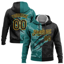 Load image into Gallery viewer, Custom Stitched Graffiti Pattern Black Teal-Gold 3D Scratch Sports Pullover Sweatshirt Hoodie