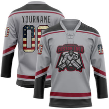 Load image into Gallery viewer, Custom Gray Vintage USA Flag Black-Crimson Hockey Lace Neck Jersey