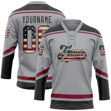 Load image into Gallery viewer, Custom Gray Vintage USA Flag Black-Crimson Hockey Lace Neck Jersey