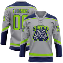 Load image into Gallery viewer, Custom Gray Neon Green-Navy Hockey Lace Neck Jersey