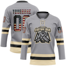 Load image into Gallery viewer, Custom Gray Vintage USA Flag Black-Cream Hockey Lace Neck Jersey