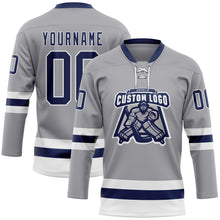 Load image into Gallery viewer, Custom Gray Navy-White Hockey Lace Neck Jersey