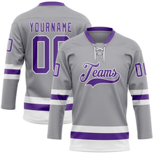 Load image into Gallery viewer, Custom Gray Purple-White Hockey Lace Neck Jersey