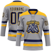 Load image into Gallery viewer, Custom Gray Navy-Gold Hockey Lace Neck Jersey