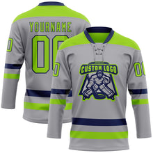 Load image into Gallery viewer, Custom Gray Neon Green-Navy Hockey Lace Neck Jersey