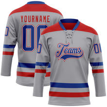 Load image into Gallery viewer, Custom Gray Royal-Red Hockey Lace Neck Jersey